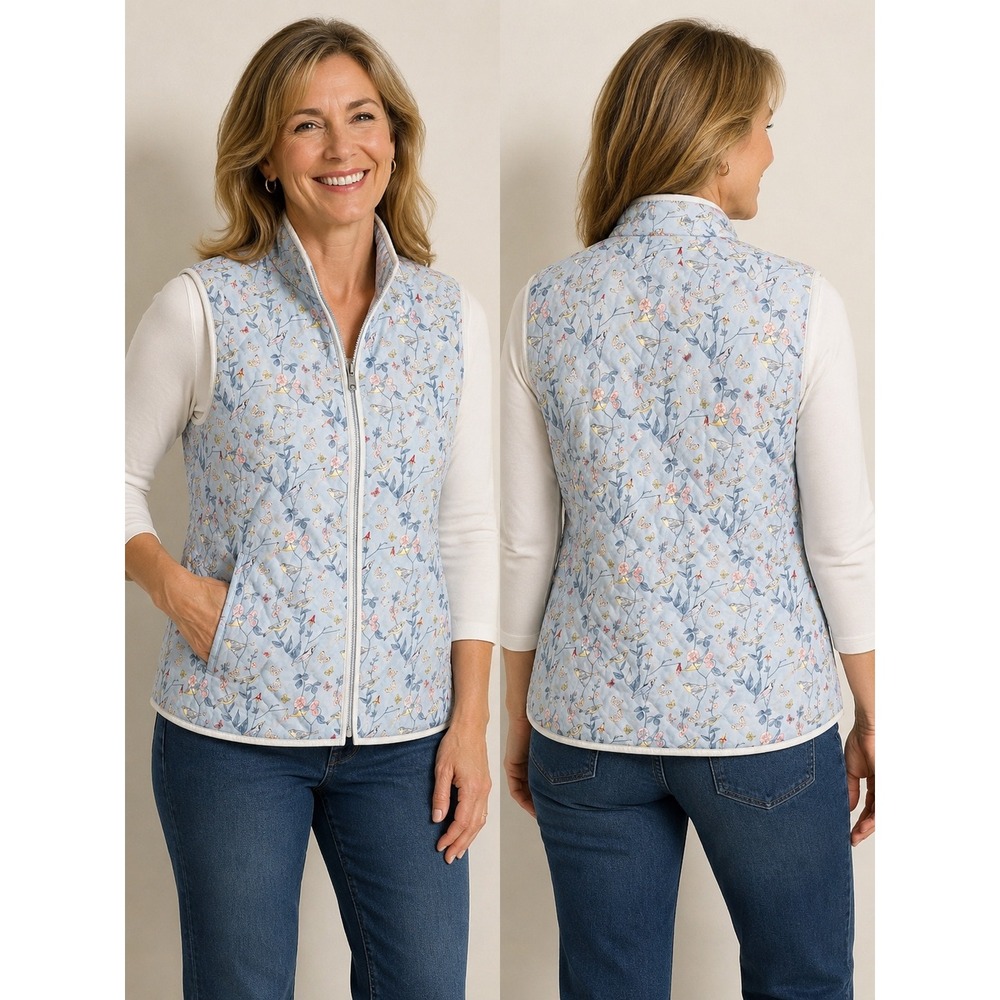 Coldwater Creek Blue‎ Quilted Bird Butterfly Floral Print Zip Front Vest 18868